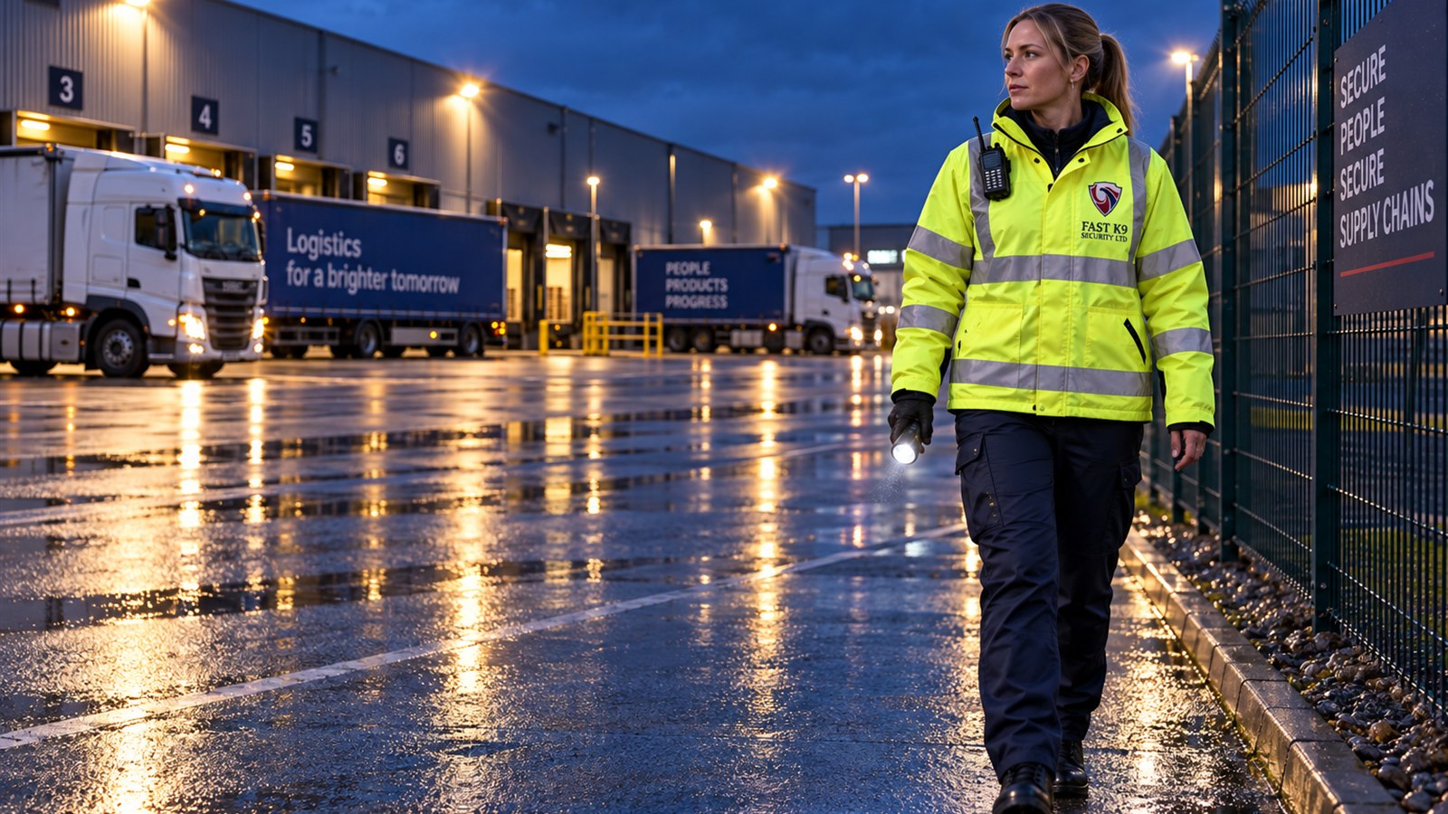 Fast K9 Security Limited officer patrolling a commercial service yard